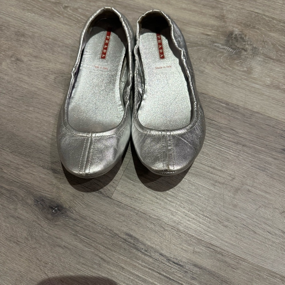 Prada Nappa Leather Metallic Silver Driving Flats